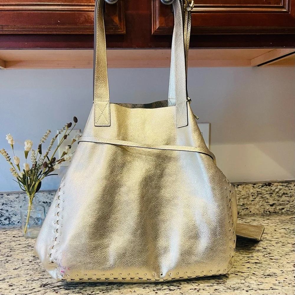 HENRI BENDEL Astrid Reversible Leather Suede Metallic Gold Snakeskin Python Hobo